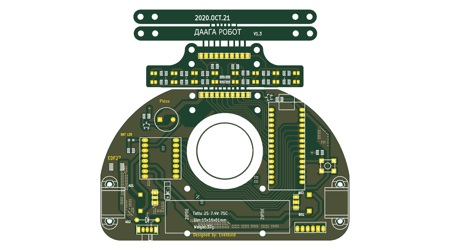 Daaga 1.3 board rendered by KiCad after conversion